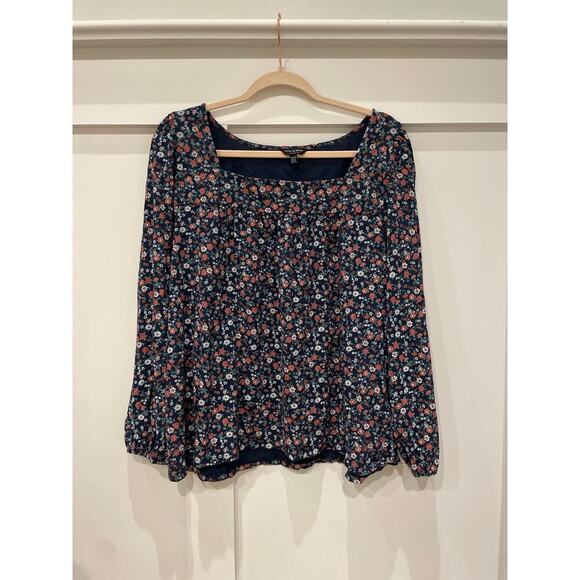 Lucky Brand Navy Ditsy Floral Peasant Long Sleeve Square Neck Blouse, XXL - Picture 1 of 5